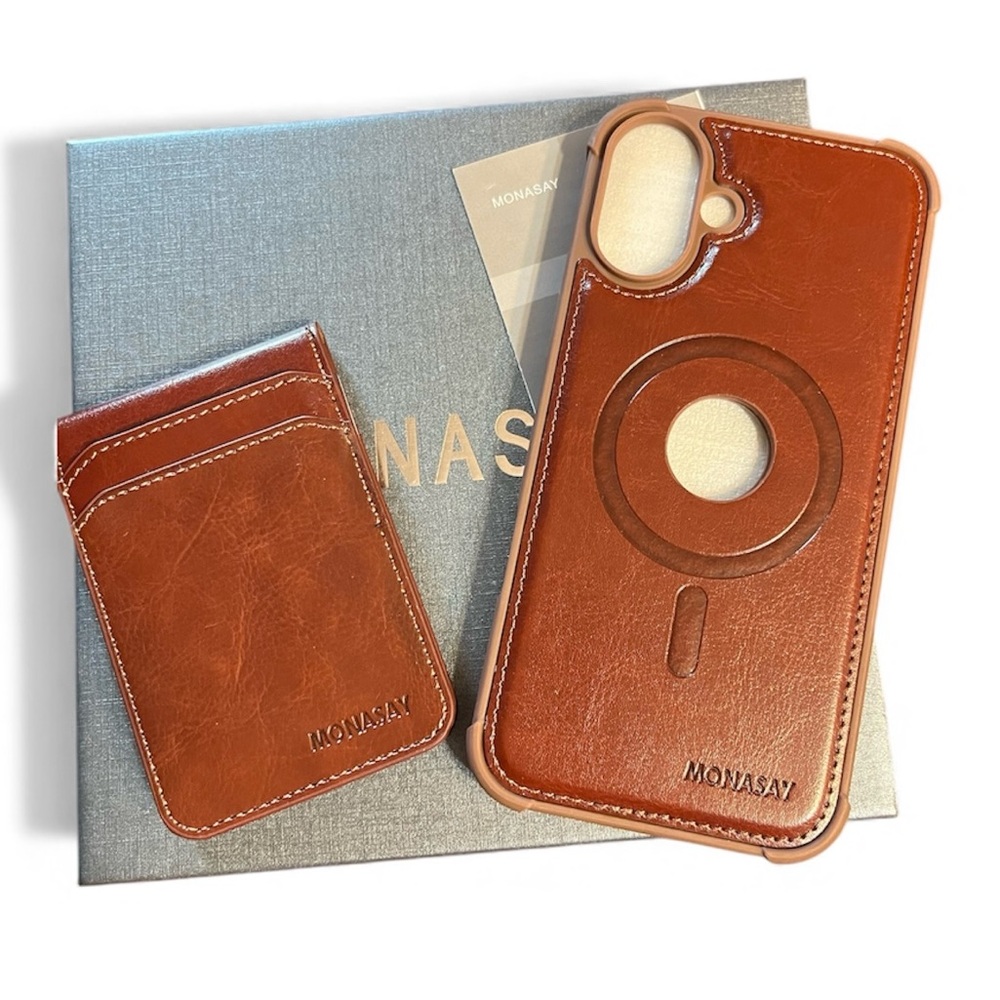 Monasay Brown Leather iPhone 16 case screen protector magnetic wallet